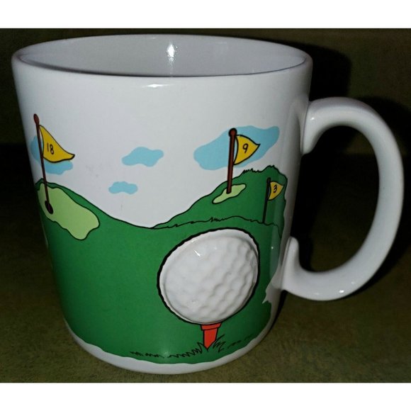 Golf coffee cup mug Russ Berrie 3D Golf Ball Tee Flags golfers clubs upcycle - Picture 1 of 4